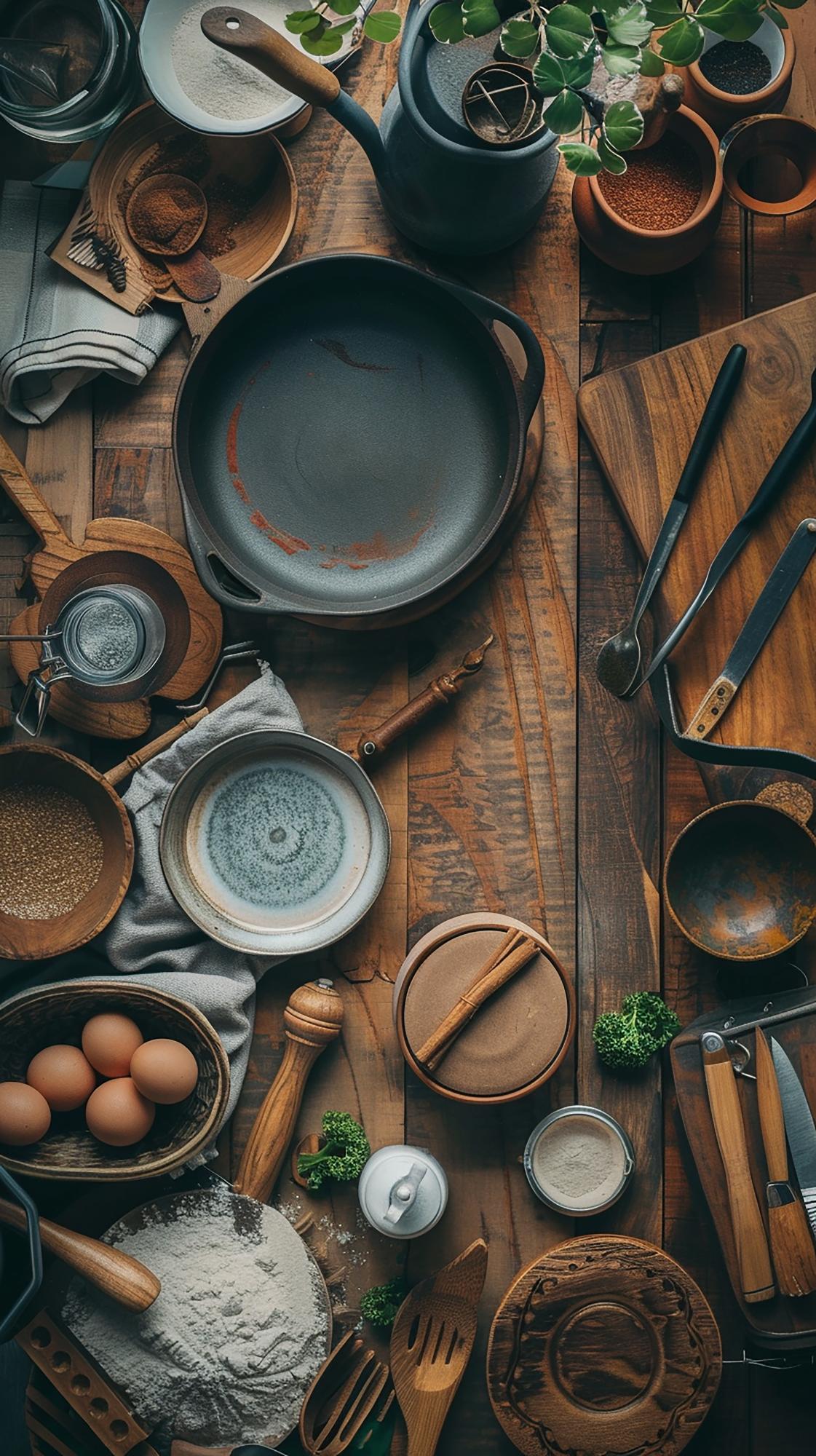 Workspace with herbs, knives and bowls