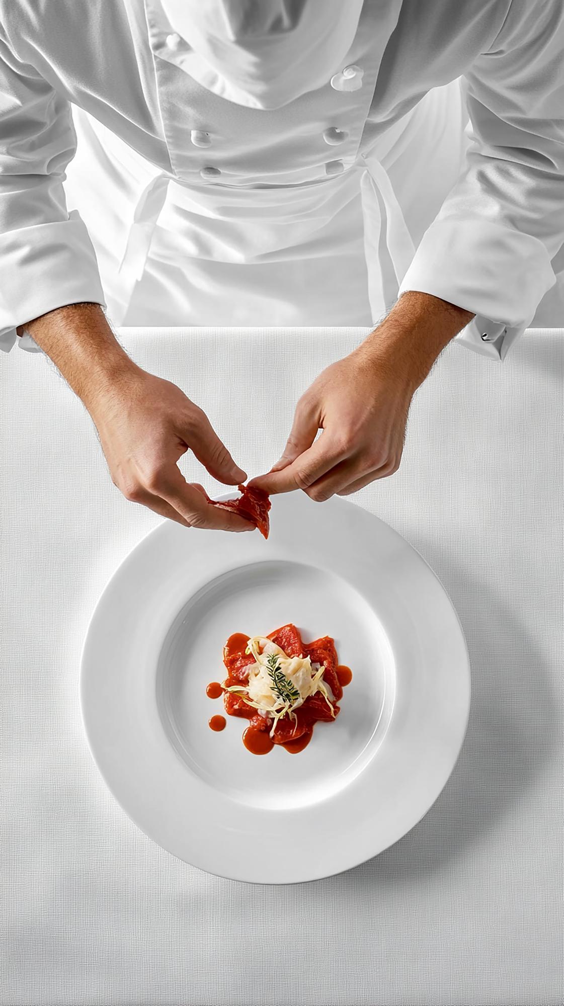 Instructor plating seasonal dish in workshop